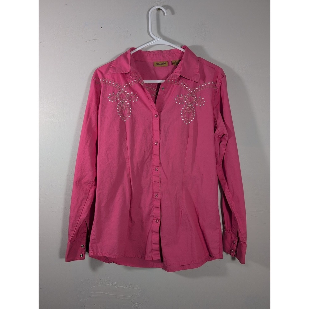 Wrangler Women Pink Snap Long Sleeve Shirt Embroidered Glitter Western Cowgirl M